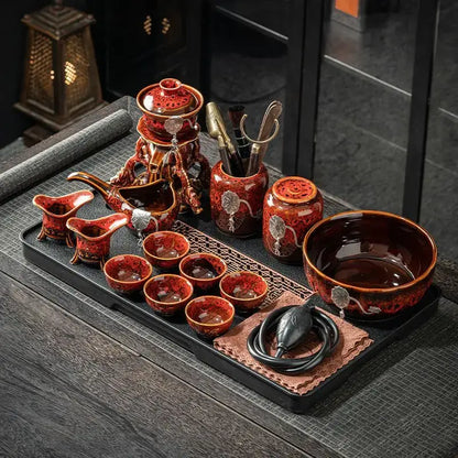 Glossy earth tone magnetic rotating tea set dining room dragon teapot