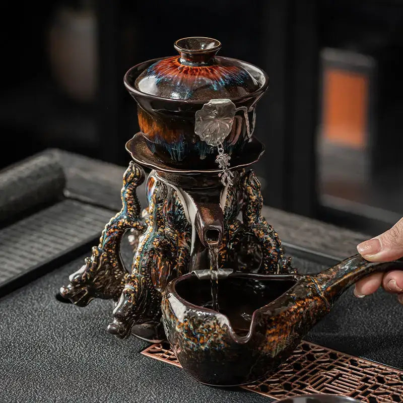 Glossy earth tone magnetic rotating tea set dining room dragon teapot