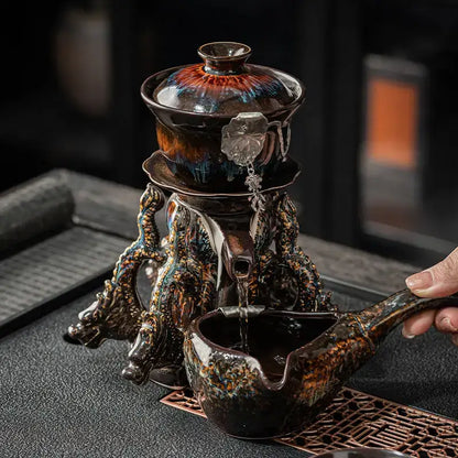 Glossy earth tone magnetic rotating tea set dining room dragon teapot