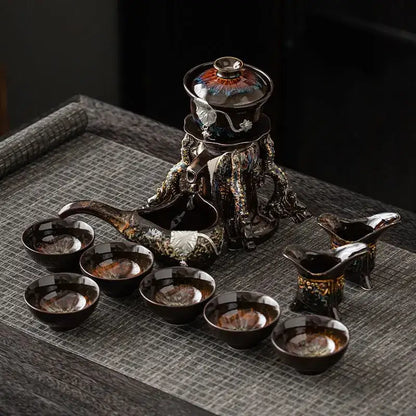 Glossy earth tone magnetic rotating tea set dining room dragon teapot