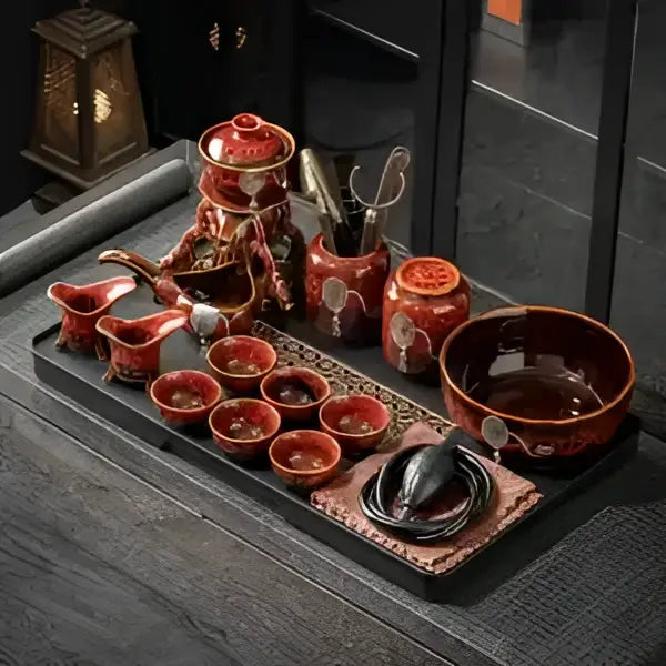 Glossy earth tone magnetic rotating tea set dining room dragon teapot