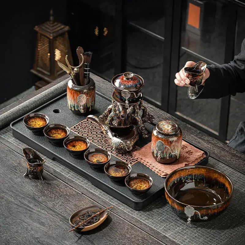 Glossy earth tone magnetic rotating tea set dining room dragon teapot
