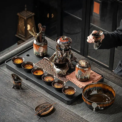 Glossy earth tone magnetic rotating tea set dining room dragon teapot