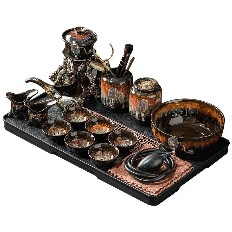 Glossy earth tone magnetic rotating tea set dining room dragon teapot