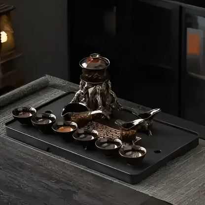 Glossy earth tone magnetic rotating tea set dining room dragon teapot