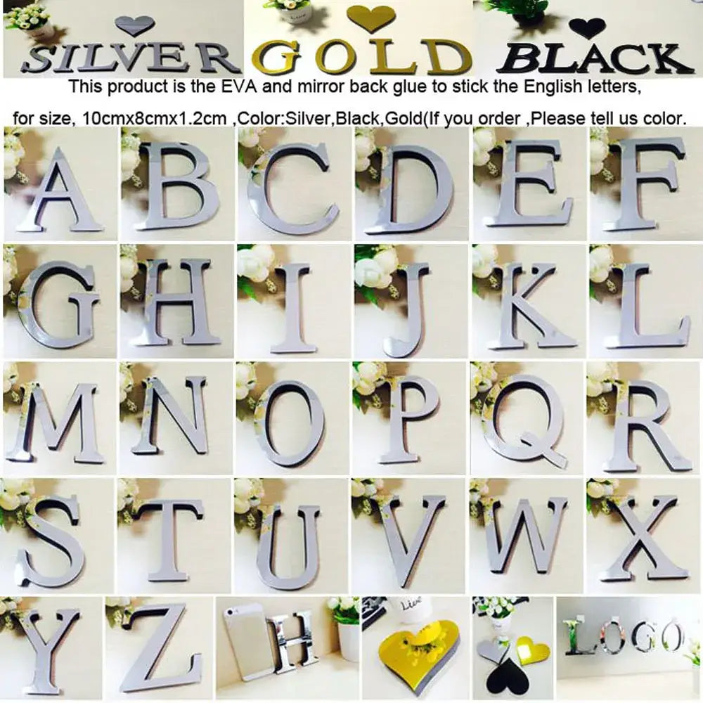 Glossy gold 3d mirror alphabet letters living room wall decor