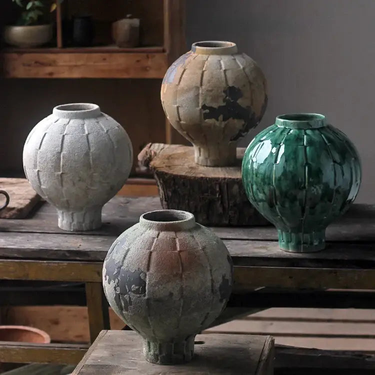 Glossy green ceramic spherical vase living room ribbed decor