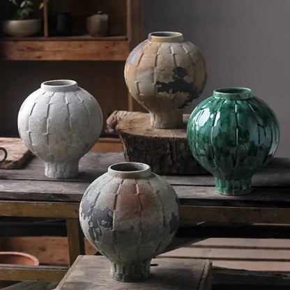 Glossy green ceramic spherical vase living room ribbed decor