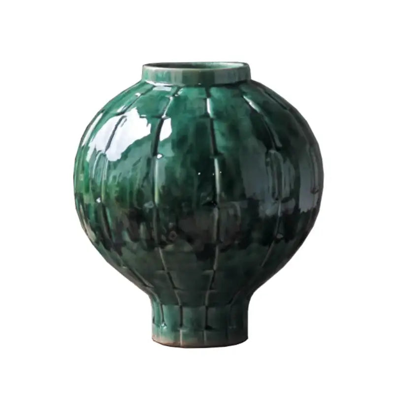 Glossy green ceramic spherical vase living room ribbed decor
