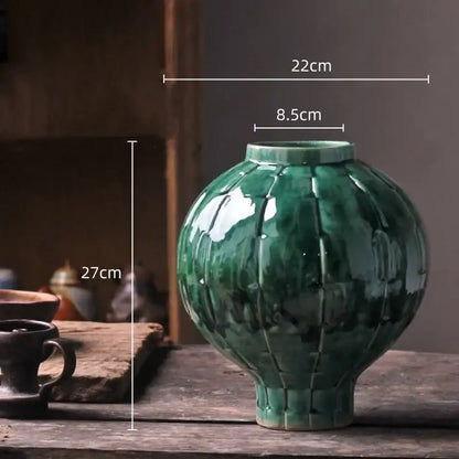 Glossy green ceramic spherical vase living room ribbed decor