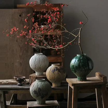 Glossy green ceramic spherical vase living room ribbed decor