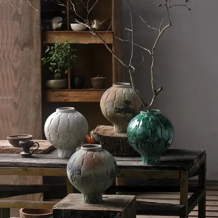 Glossy green ceramic spherical vase living room ribbed decor