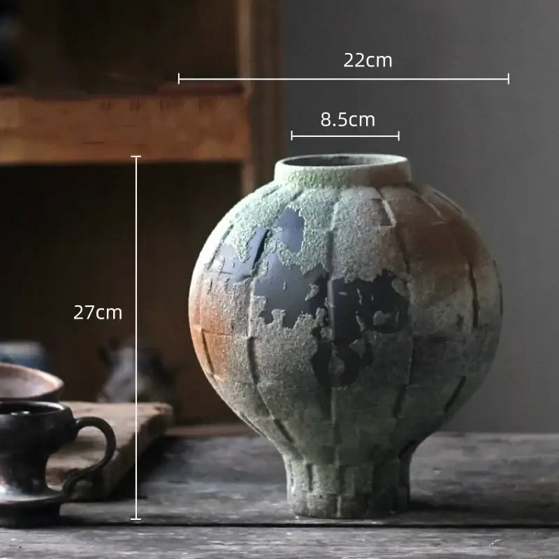 Glossy green ceramic spherical vase living room ribbed decor