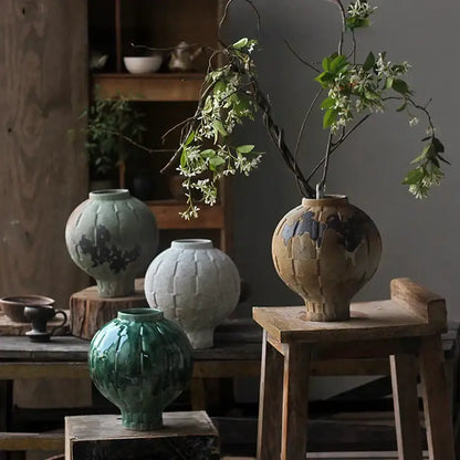 Glossy green ceramic spherical vase living room ribbed decor