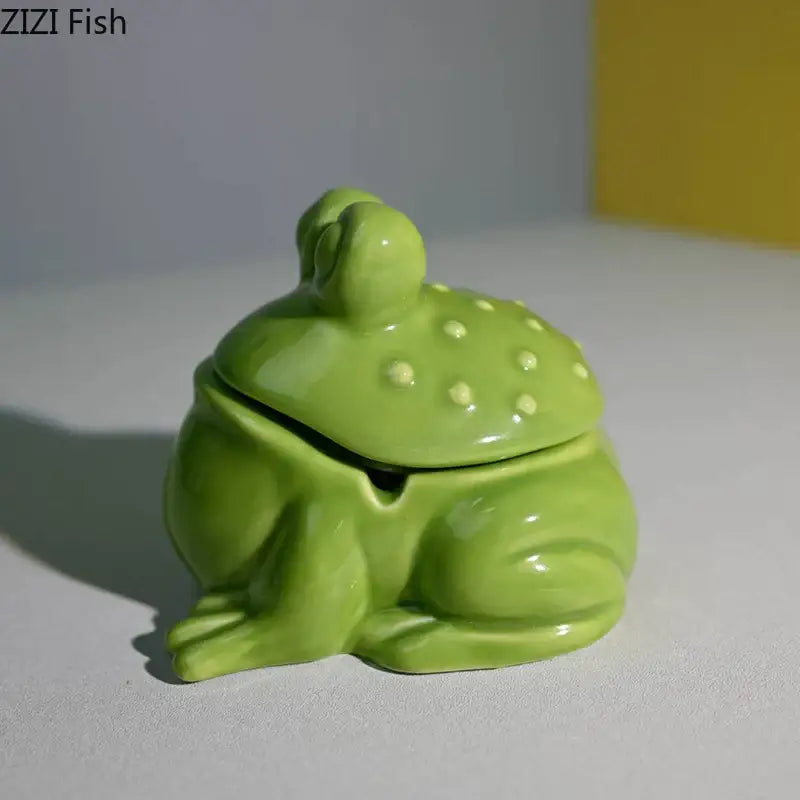 Glossy green frog ceramic ashtray with lid living room decor