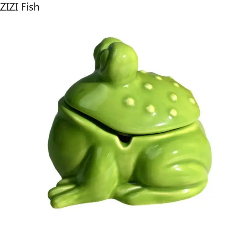 Glossy green frog ceramic ashtray with lid living room decor