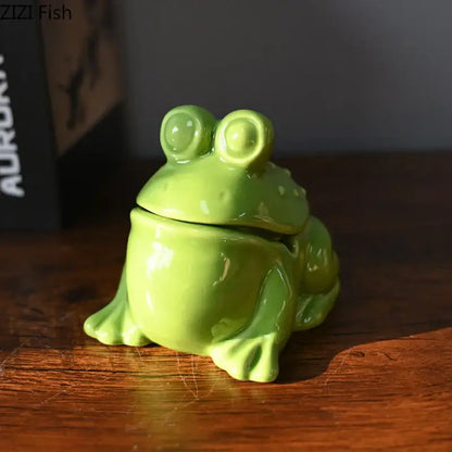 Glossy green frog ceramic ashtray with lid living room decor