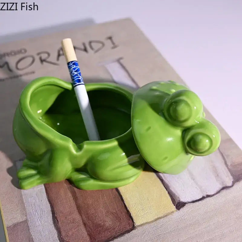 Glossy green frog ceramic ashtray with lid living room decor