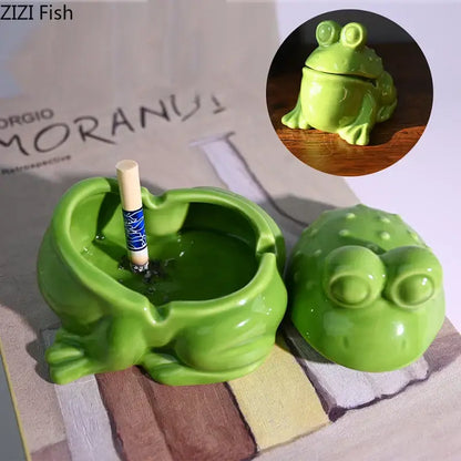 Glossy green frog ceramic ashtray with lid living room decor