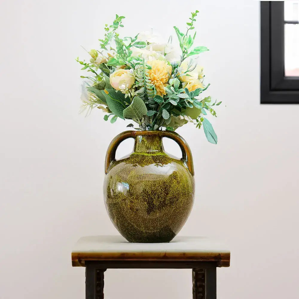 Glossy olive green speckled ceramic vases teapot flower kitchen decor