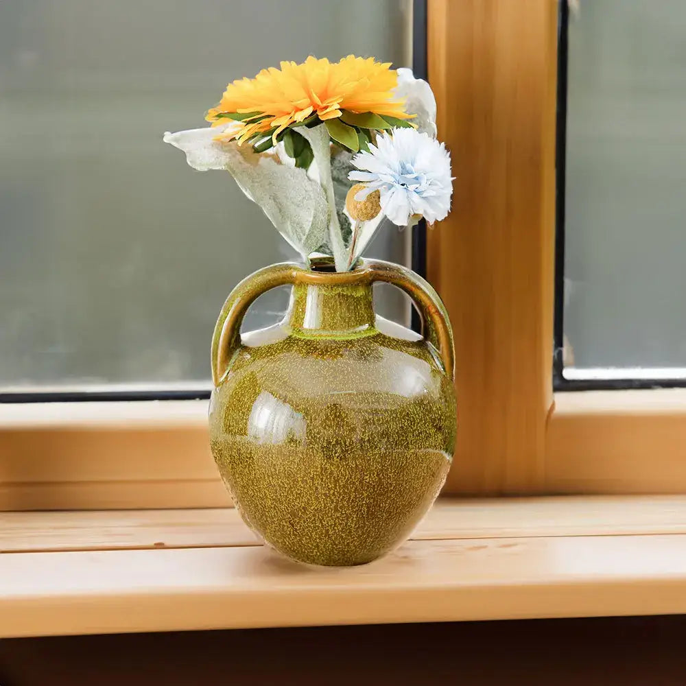 Glossy olive green speckled ceramic vases teapot flower kitchen decor