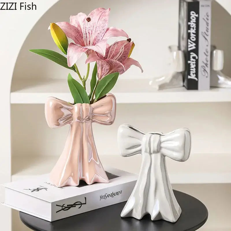Glossy pink bowknot ceramic vase bedroom floral decor