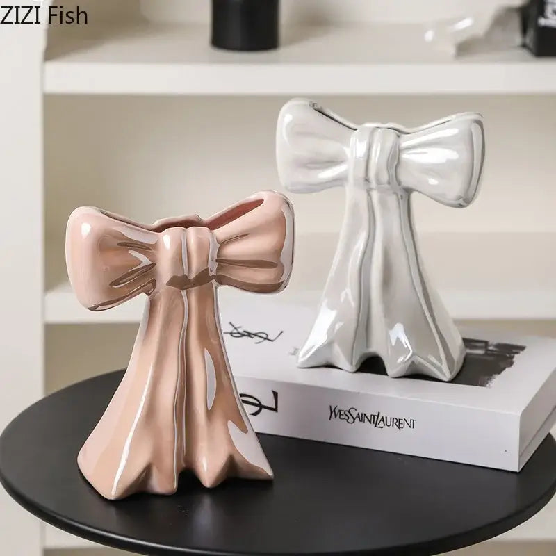 Glossy pink bowknot ceramic vase bedroom floral decor