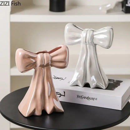 Glossy pink bowknot ceramic vase bedroom floral decor