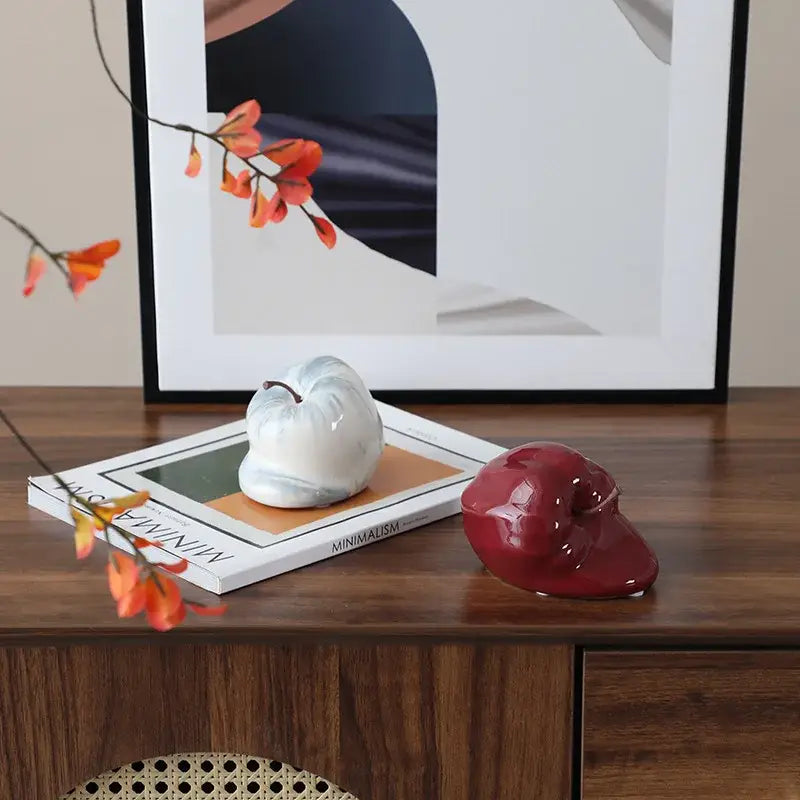 Glossy red abstract melting apple ceramic sculpture living room decor