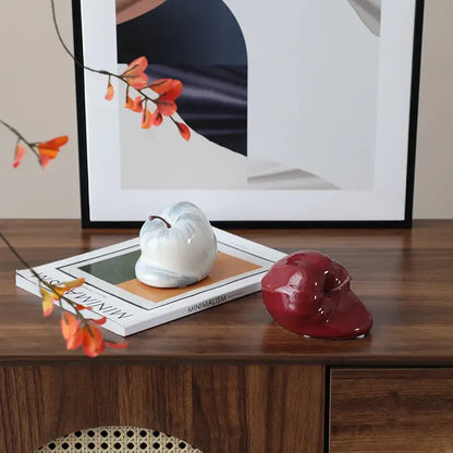 Glossy red abstract melting apple ceramic sculpture living room decor