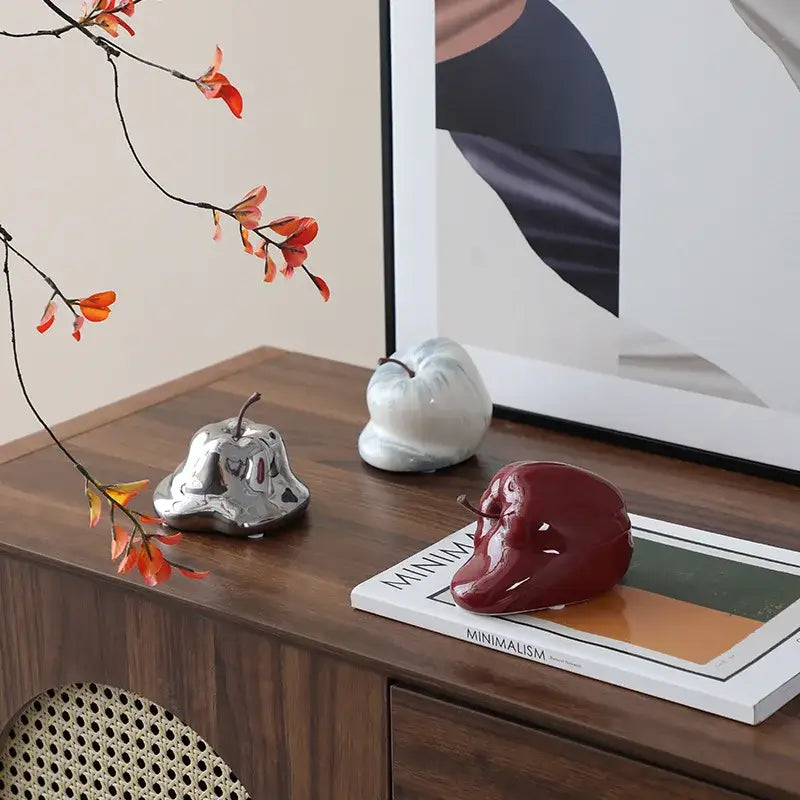 Glossy red abstract melting apple ceramic sculpture living room decor