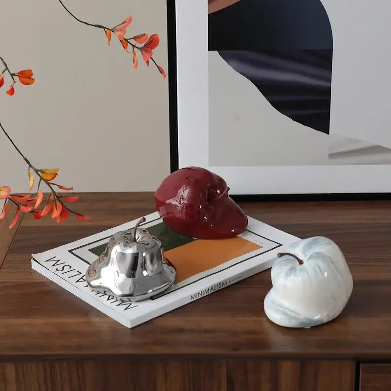 Glossy red abstract melting apple ceramic sculpture living room decor