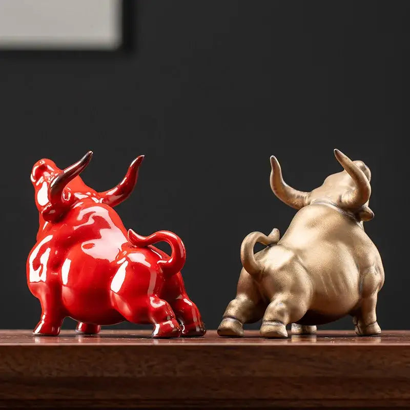 Glossy red ceramic bull figurine office decor animal statue