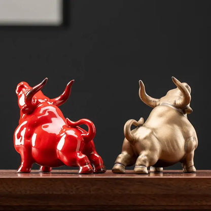 Glossy red ceramic bull figurine office decor animal statue