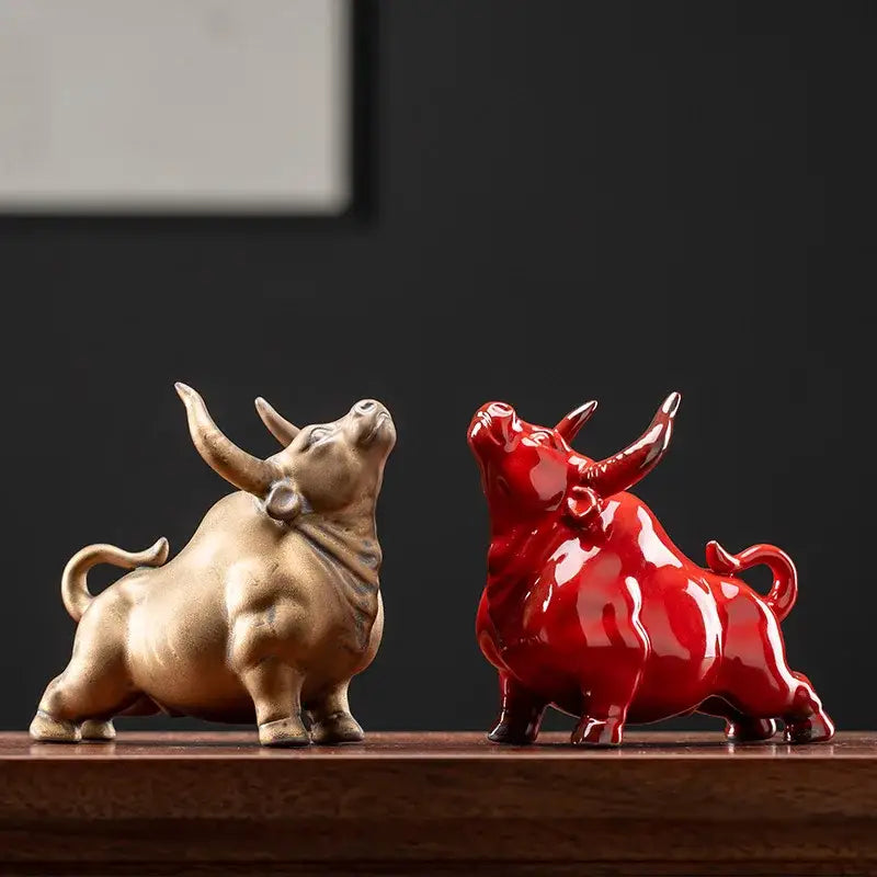 Glossy red ceramic bull figurine office decor animal statue