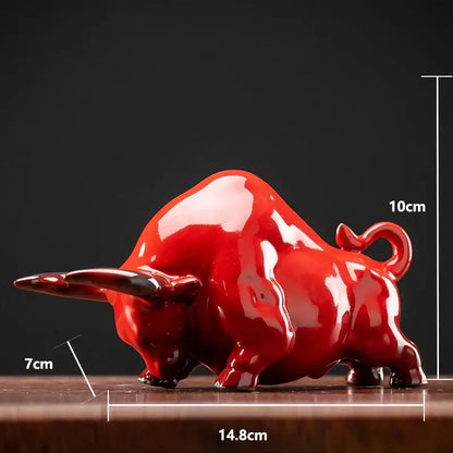 Glossy red ceramic bull figurine office decor animal statue