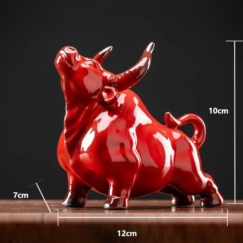 Glossy red ceramic bull figurine office decor animal statue