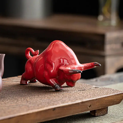 Glossy red ceramic bull figurine office decor animal statue