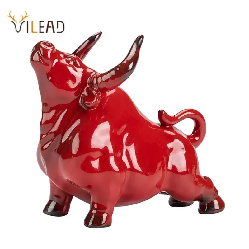 Glossy red ceramic bull figurine office decor animal statue