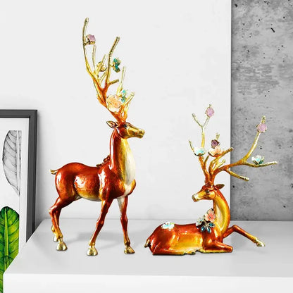 Glossy reddish brown & white deer peace porch decoration set living room