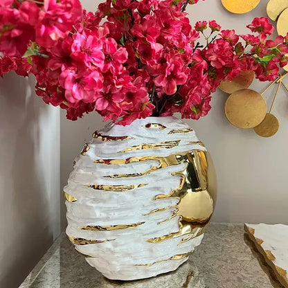 Glossy white & gold fringe geometry ceramic vase living room decor