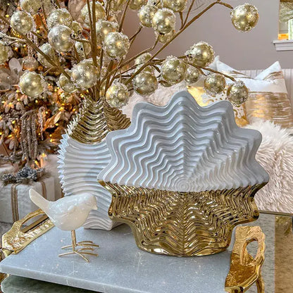 Glossy white & gold fringe geometry ceramic vase living room decor