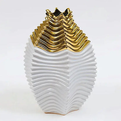 Glossy white & gold fringe geometry ceramic vase living room decor