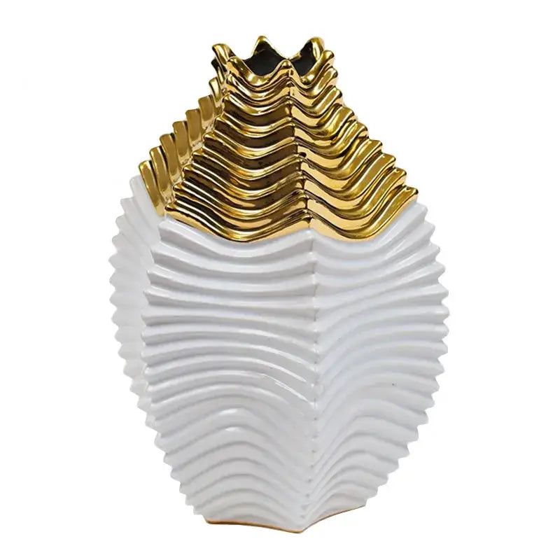 Glossy white & gold fringe geometry ceramic vase living room decor