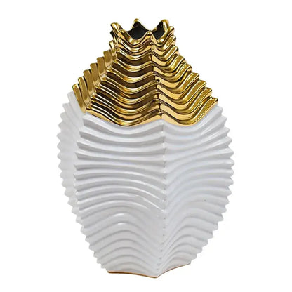 Glossy white & gold fringe geometry ceramic vase living room decor