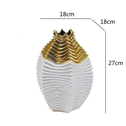 Glossy white & gold fringe geometry ceramic vase living room decor