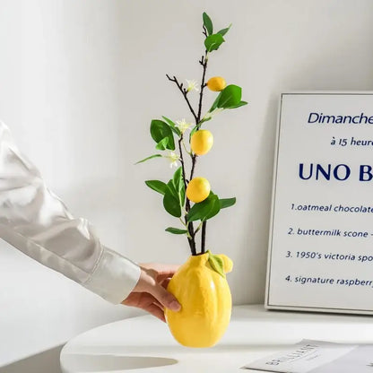 Glossy yellow ceramic lemon flower vase kitchen citrus decor