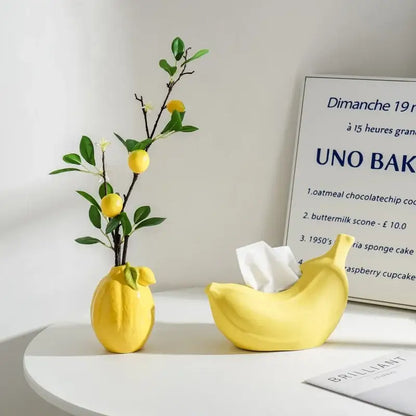 Glossy yellow ceramic lemon flower vase kitchen citrus decor
