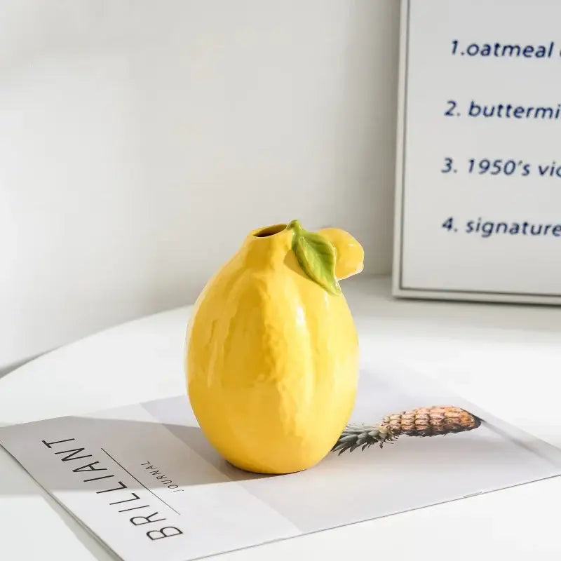 Glossy yellow ceramic lemon flower vase kitchen citrus decor
