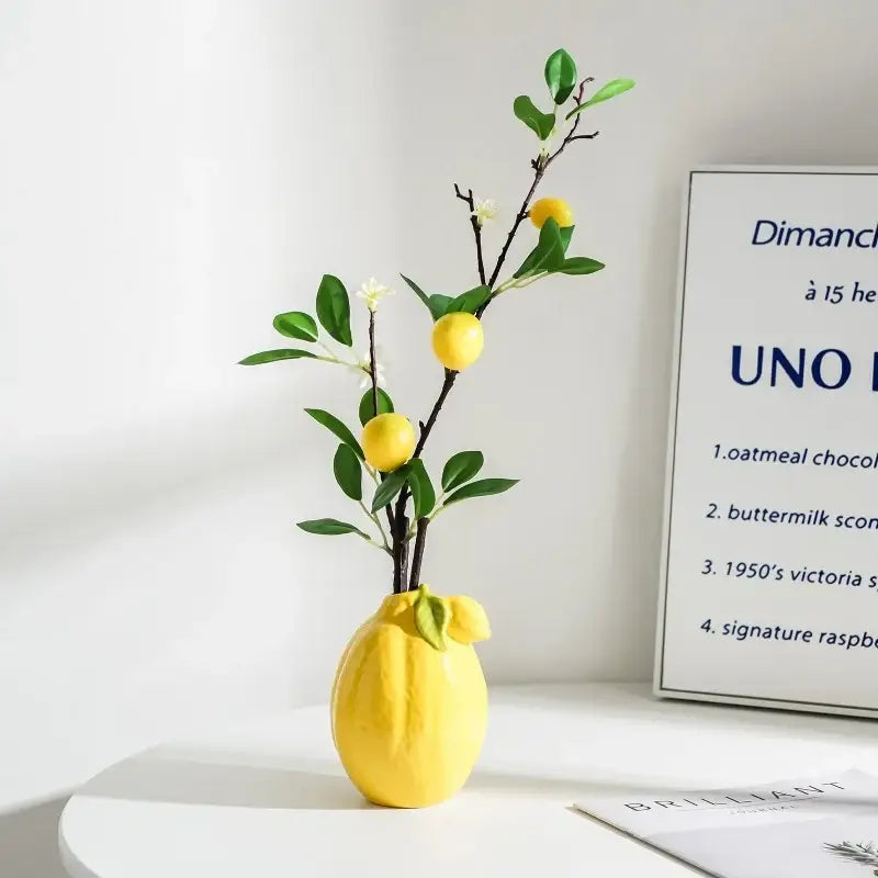 Glossy yellow ceramic lemon flower vase kitchen citrus decor
